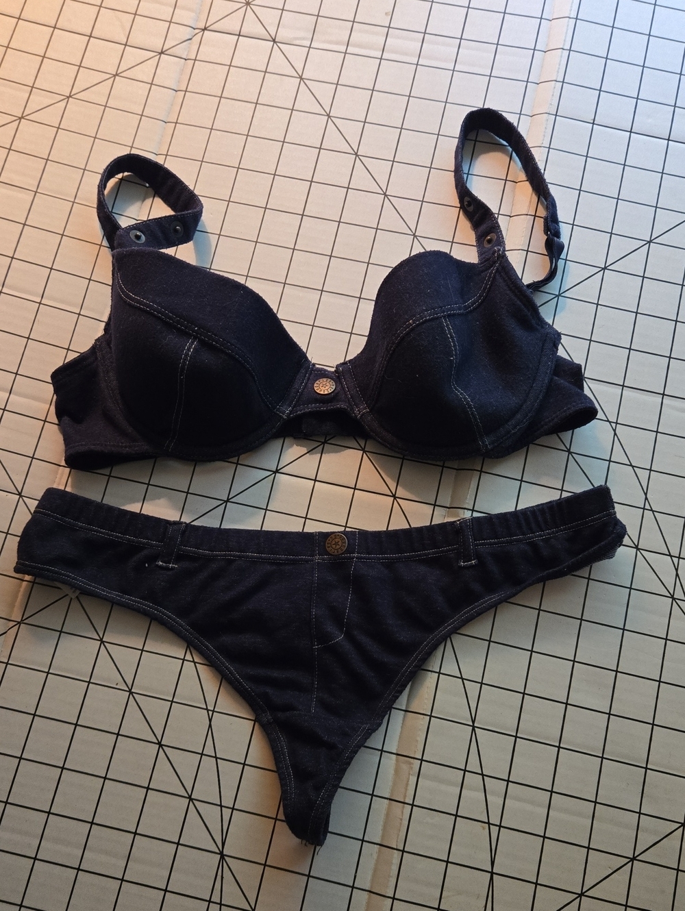 Vintage Dark Navy Denim-Look Bra & Thong Set - Women Intimates: Z